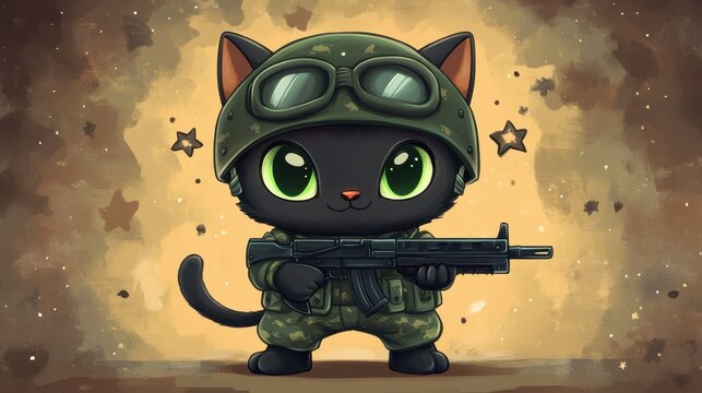 funny illustration depicting a cute, cartoon, chubby, happy, with big green eyes, black cat, in a green military uniform, with a helmet on his head, with a machine gun in his hands