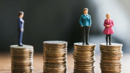 Gender Pay Gap Concept with Miniature Figures Standing on Stacks of Coins, pay gap, gender equality