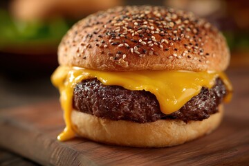 Closeup melted cheese burger on wooden board