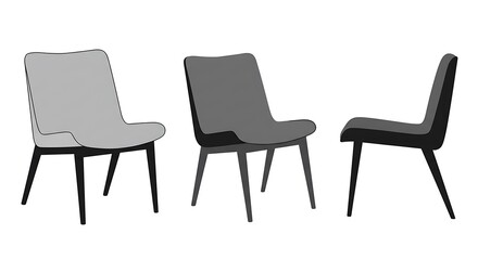 Fototapeta premium Modern Minimalist Chair Design: Grayscale Elegance in Three Variations