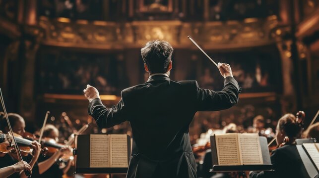 An orchestra conductor leading musicians during a grand symphony performance.