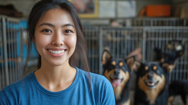 Smiling woman volunteer in animal shelter