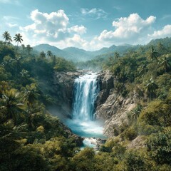 Fototapeta premium Breathtaking Waterfall Cascading Through a Lush Tropical Landscape with Palm Trees and Mountain Backdrop