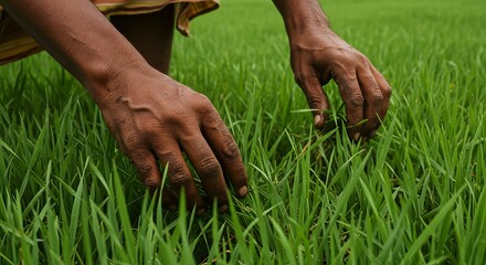 Close-up of Hands Gently Tending to Lush Green Rice Paddy, Agriculture in Action