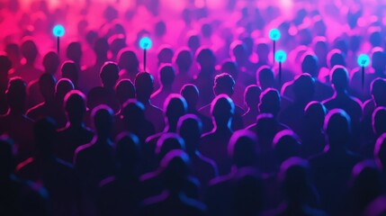 Obraz premium Engaging Flat Holographic Campaign Rally Crowd Concept - Medium Shot with Enthusiasm Meters, Floating Reactions & Voter Engagement Space