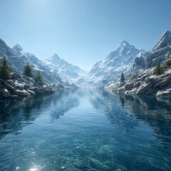 Obraz premium Crystal Clear Lake Reflection of Majestic Snow-Capped Mountains on a Bright Sunny Day