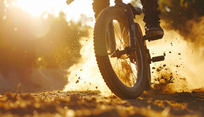 Obraz premium A bicycle tire kicking up dust, illuminated by the sun, suggests speed and outdoor activity