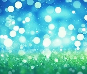 Fototapeta premium Nighttime meadow bokeh. Soft, glowing lights blur against vibrant green grass