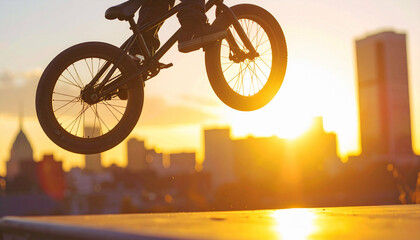 Obraz premium Bike stunt silhouette against sunlit city