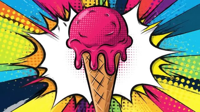 A pop art style illustration of a raspberry ice cream cone with bold colors