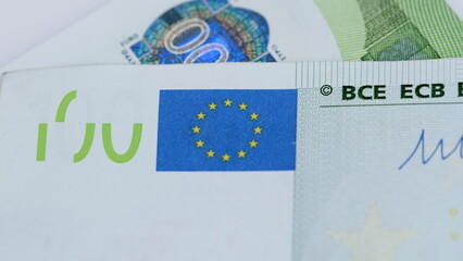 Closeup examination of the intricate features and security elements on Euro banknotes