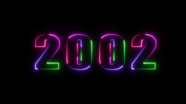 2002 neon line text animated. Abstract 2002 neon text animation ,Four neon color Glowing neon number text background .Year Number Neon Motion. neon animation.Colored Neon Light Form