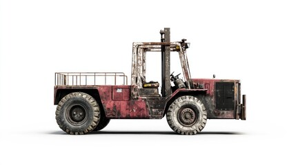 Naklejka premium Rusted forklift truck, side view, isolated