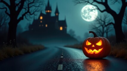 Eerie pumpkin glow on dark road