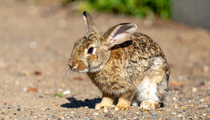 Brown rabbit sits attentively on ground with ears perked, observing