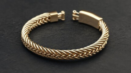 Gold braided bracelet on dark surface
