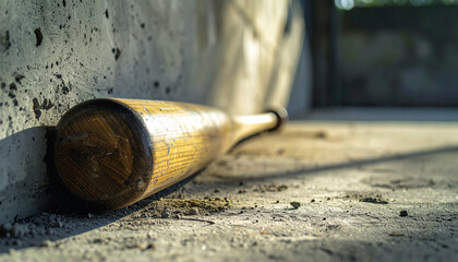 Baseball bat rests against a wall, casting shadows on the concrete floor in a weathered scene