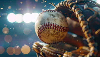 A baseball captured mid-air, nestled within a leather mitt, under bright stadium lights