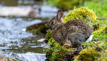 Rabbit sits by mossy riverbank, water dripping. Another rabbit blurs in background