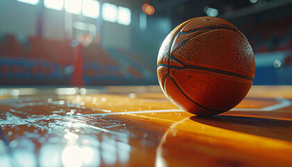 Basketball on court, detailed