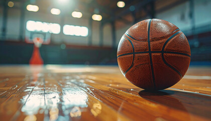 A basketball sits on a polished wooden court with hoops in the background, illuminated by bright lights