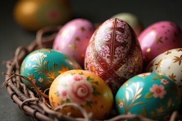 Fototapeta premium Close-up of intricately decorated Easter eggs, showcasing religious symbols A subtle, spiritual celebration , crucifix, holiday decor, spiritual