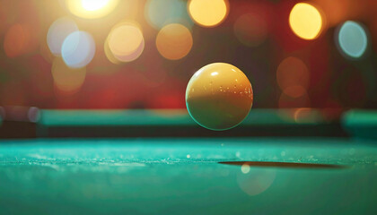 Billiard Yellow ball hovers over table with blurred lights background adding depth and light
