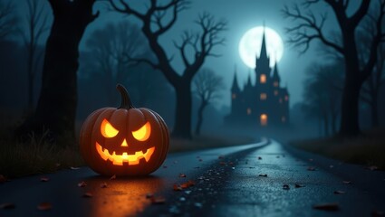 Eerie path to castle with jackolantern