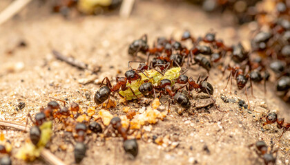 Ants diligently carrying food
