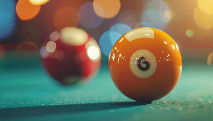 Billiard balls rest on a green felt table, bokeh lights gleam in the background