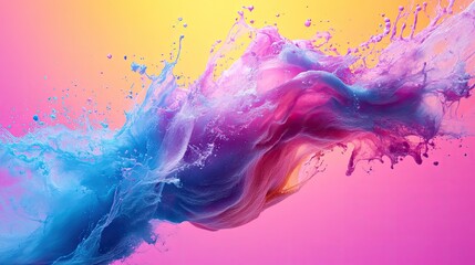 Colorful paint splash with blue purple and pink hues against a gradient background of yellow and pink