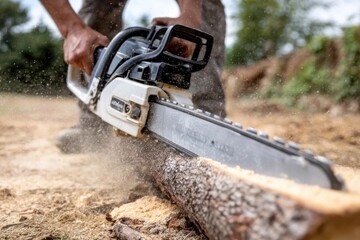 Chainsaw cutting wood, sawdust flying, person operating chainsaw outdoors, cutting log.