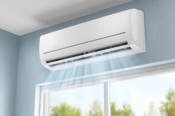 A white air conditioner unit mounted on a light blue wall, blowing cool air into a room with a window.