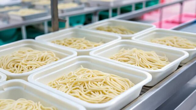 High-quality spaghetti pasta production line showcasing freshly cooked noodles neatly packaged in individual containers ready for distribution to stores and consumers.