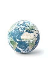 A detailed, realistic rendering of Earth, showcasing continents, oceans, and clouds against a white background