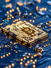 A golden bitcoin symbol etched on a circuit board, illuminated by warm, glowing lights