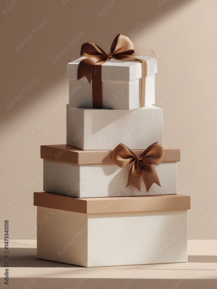 Poster Stacked Minimal Boxes With Ribbon Casting a Clean Shadow in a Modern Setting With Soft Lighting