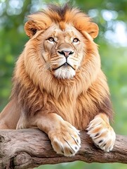 Fototapeta premium A majestic lion with a thick mane and piercing gaze sits on a tree branch, his powerful paws resting on the wood