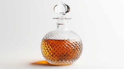 Clear glass decanter, round shape, filled with amber liquid, crystal facets