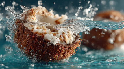 A halved coconut splashes into teal water, creating dynamic water droplets and ripples