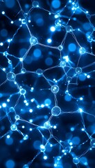 A network of glowing blue nodes and connecting lines against a dark blue background, creating a sense of connection and dynamism