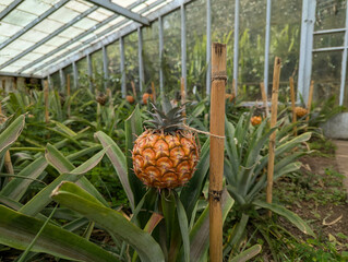 Pineapples are staked for support