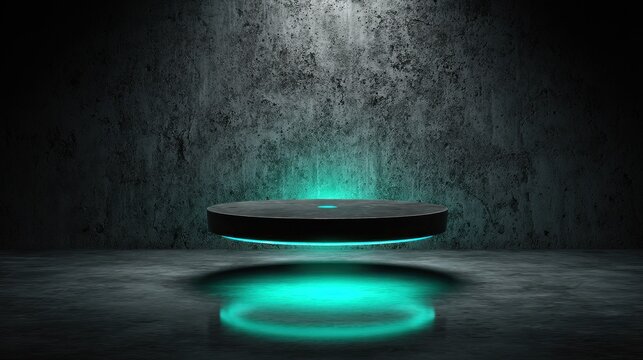 Dark concrete platform with floating teal disc
