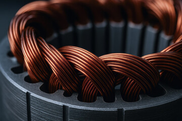 Copper wire coil wrapped around stator core is essential industrial power plant motors generating efficient electrical energy for various