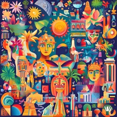 Vibrant, eclectic collage of diverse historical and natural elements