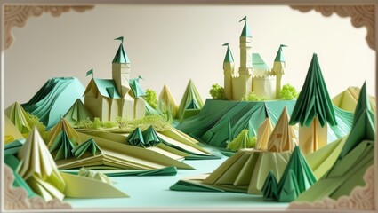 Origami diorama of a castle scene on a soft, creamy backdrop.