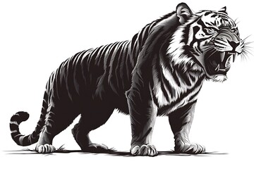 Fototapeta premium Striking black and white vector illustration of a powerful roaring tiger standing proudly