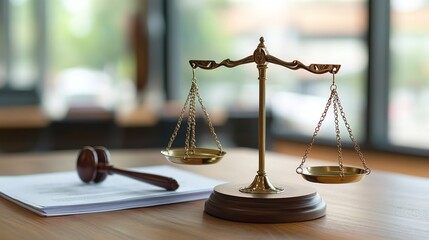Justice Scales Legal Law Gavel Documents Wooden Table Brass Golden Balance Symbol Equality Law Firm Attorney Legal System Justice Concept Judicial    