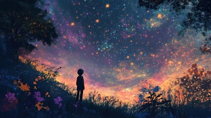 Child gazing at starry night sky