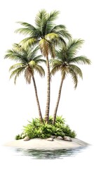 Three palm trees grow on a small, sandy island surrounded by turquoise water